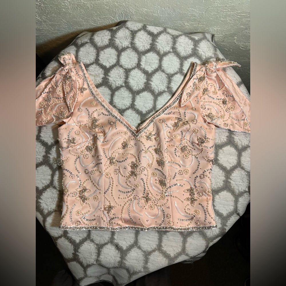 Women’s Pink Sequin Beades V-Neck Bow Top 4